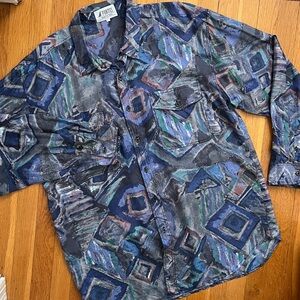 Vintage 90s Men’s Silk Shirt Geometric Patterned Button Down Top Size Large